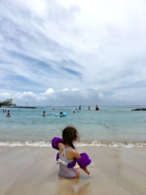 Honolulu, Hawaii. Lamp is sitting on the sand looking out into the ocean with purple floaties on. 