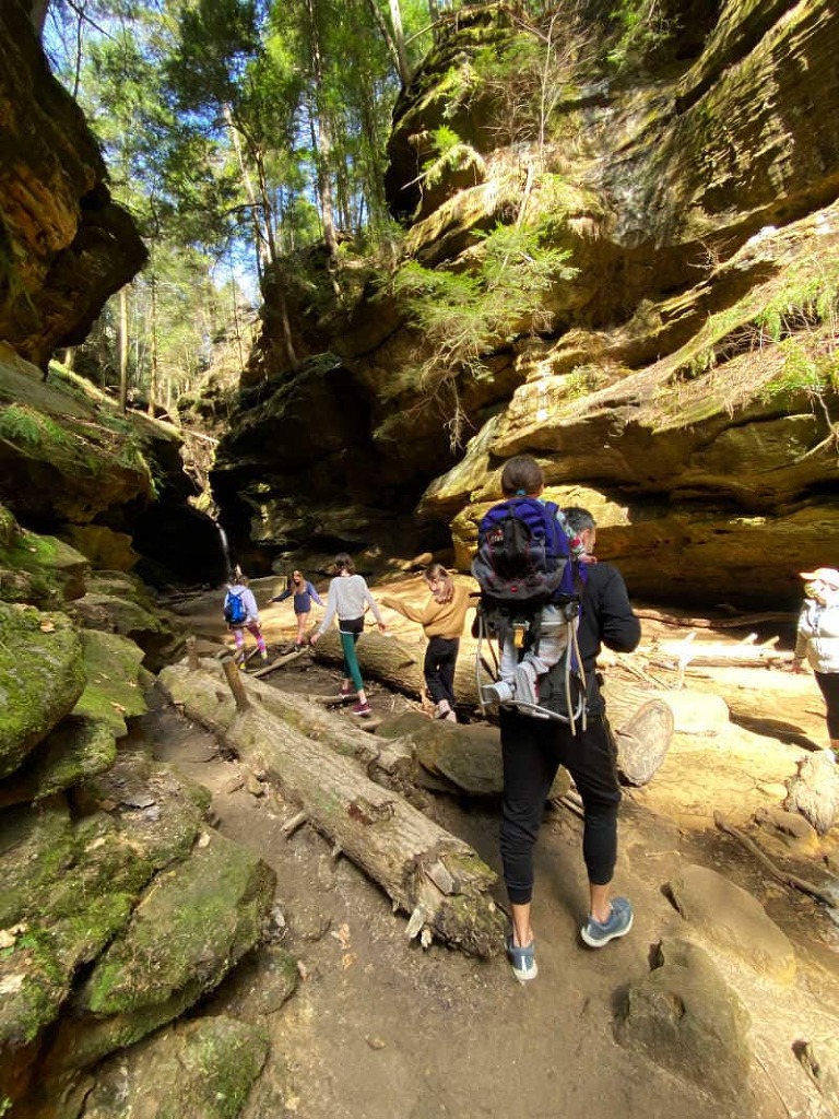 My husband hiking with Lamp on his back, and my 2 daughters in the foreground hiking over a log. There are also two other girls in the photo furter up. 