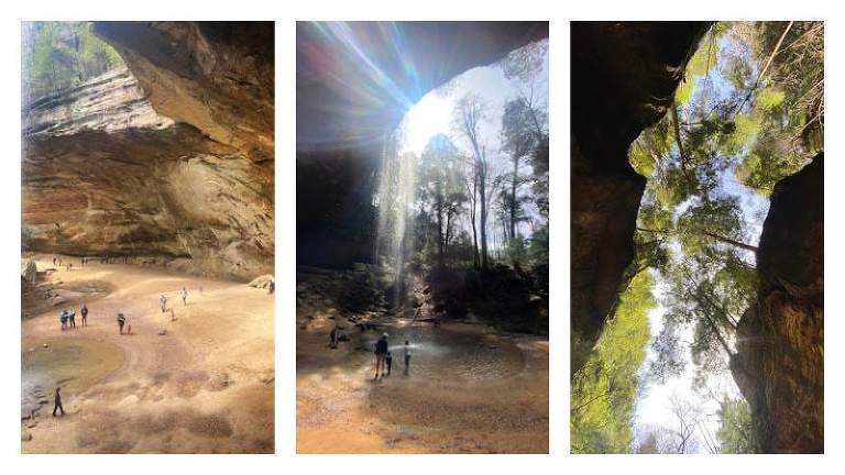 3 photos in one collage: Left photo shoes Ash Cave in Hocking Hills, Ohio with a bunch of people on a sandy bottom floor beneath a huge rock enclosure. Middle: Another shot of Ash Cave, this time with a view of the little pond where water drips down from the rock elclosure and rays of sunshine beaming out from behind the enclosure. Right: A view from the ground looking straight up and seeing rockts and trees surrounding the sides of the photo with the sky peeking through the top. 