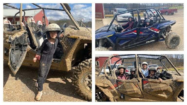A collage of us going off roading. One image shows a clean vehicle before we go and the other 2 photos show a super muddy car after we went, and Zuzu standing by the car covered in mud. 
