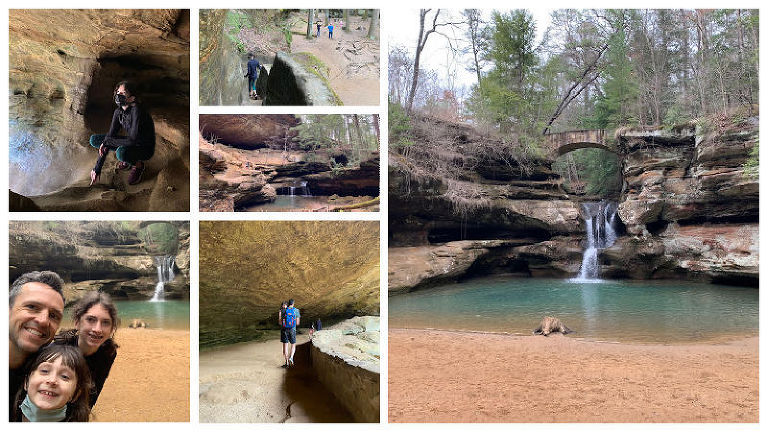 Collage of photos from Old Man's Cave in Hocking HIlls. You see the waterfall into the pond again, my daughter crouching in a small cave, my husband and two of my girls smiling in front of the waterfall, my husband walking under a huge rock ceiling holding Lamp and 2 more landscape photos. 