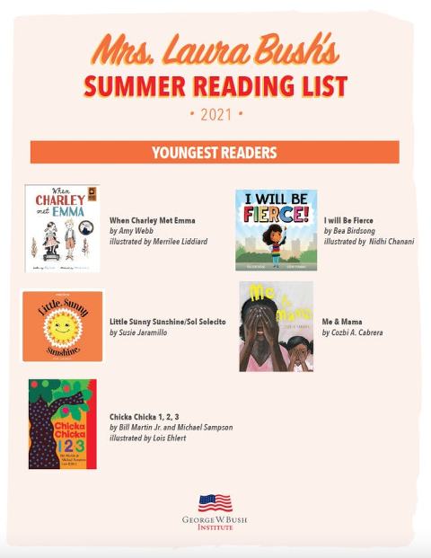 A visual that says "Mrs Laura Bush's Summer Reading List 2021. Youngest Readers: When Charley Met Emma by Amy Webb as well as 4 other selections. 