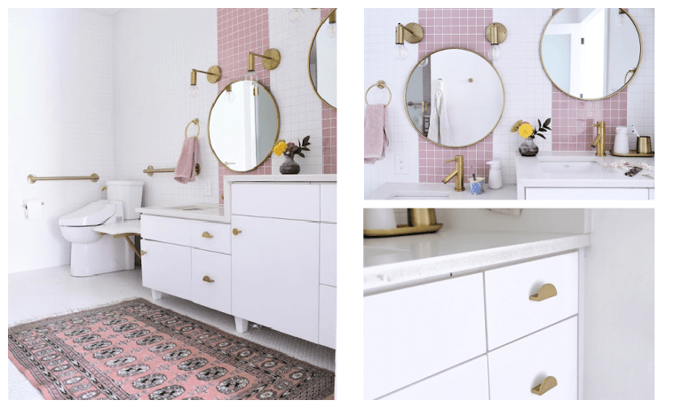 This is a collage showing another view of the white and pink accessible bathroom. Again you see the vanity with two different height sinks, a toilet with gold grab bars around it and a close up of the semi-circle gold hardware. 