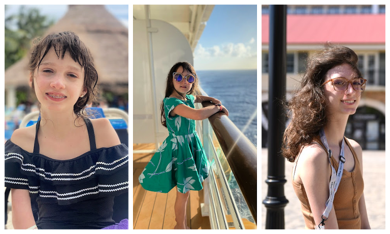 a collage of 3 white girls with dark hair--left to right, my middle daughter smiling at the camera in a black off the shoulder swimsuit, my youngest daughter standing on the balcony overlooking the ocean in a green dress and sunglasses, and my oldest daughter looking at the camera while the wind blows her hair.