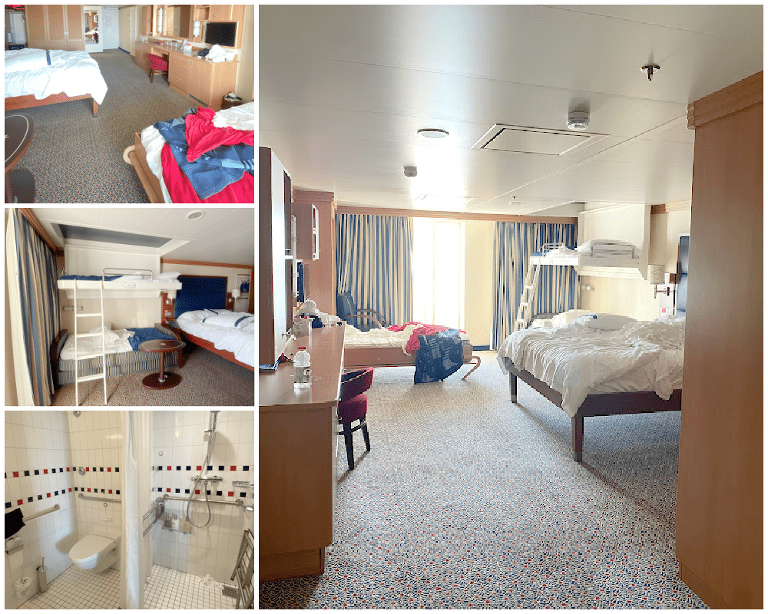A photo collage of our accessible room on board the Disney fantasy--mostly showing the large space in which a wheelchair can access as well as the accessible bathroom.