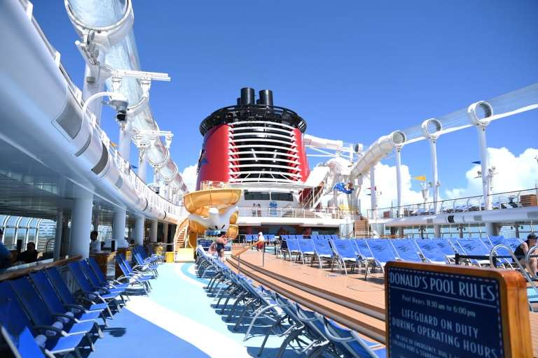 A photo of the pool deck on board the Disney Fantasy Cruise ship.