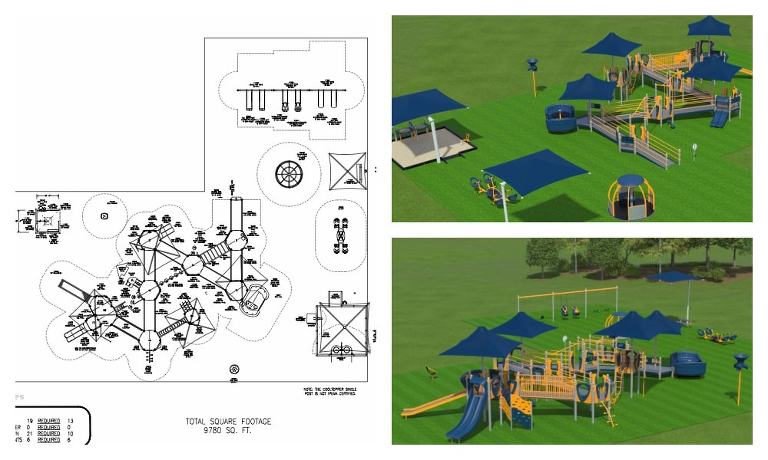A collage of plans for the playground. One images is a black and white architecture plan, the other two images are color renderings of a playground with blue and yellow elements on a green background. You can see the vast play structure with ramps, as well as other accessible pieces of equipment. 