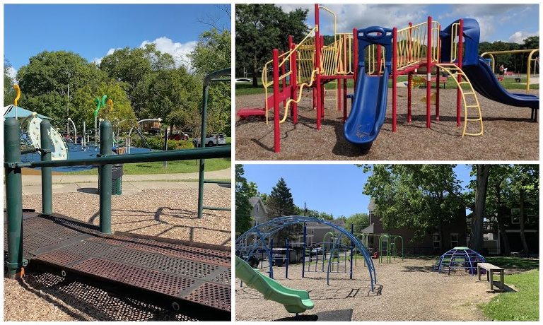 This is a collage of three playgrounds that are not very inclusive. All three of them have play structures in mulch. Two of the structures don't have any ramps or accessible equipment. The one photo that does feature a ramp, shows an old, dilapidated ramp in the foreground (going to an old playground that's not pictured) with a new, but not accessible playground in the background. 