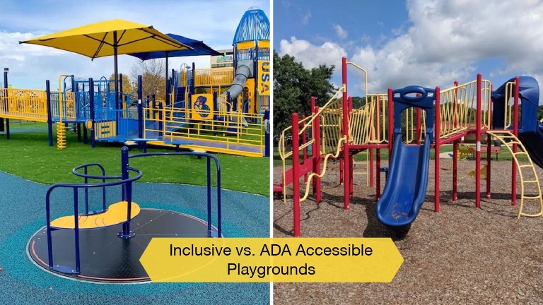 This is a collage with 2 different playgrounds. The playground on the left is blue and yellow, with ramps leading up to the main play structure in the background, and an accessible merry-go-round in the foreground. The playground on the right is blue, red and yellow with no ramps, or anyway for a person in a wheelchair to access the equipment, and the entire playground is on a mulch ground cover. The words "inclusive vs ada accessible playgrounds" is in the bottom middle. 